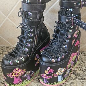 Dolls Kill Black Platform Boots with Vibrant Mushroom Art